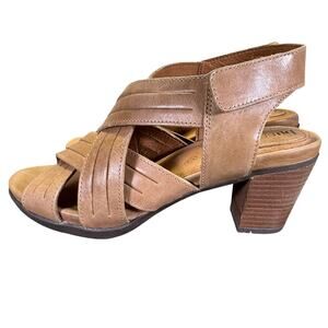 Bussola Tan Leather Cross Strap Heeled Sandals Women's Size 39 EU / 8.5 US
